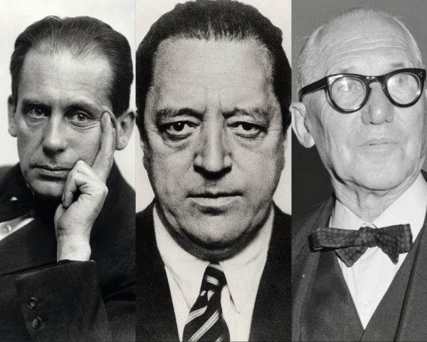 *De izquierda a derecha: Walter Gropius, Ludwig Mies van der Rohe y Le Corbusier, tres de los arquitectos más importantes de la modernidad.*