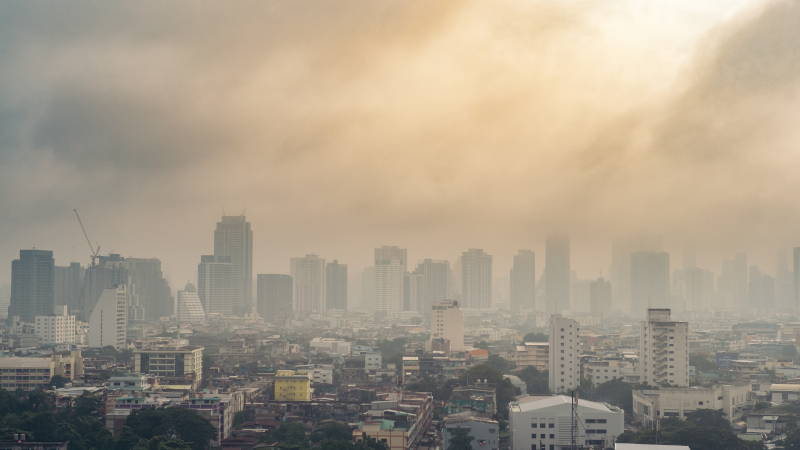 Skyline de ciudad hiperpoblada e hipercontaminada.