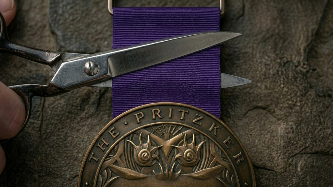 Una mano masculina corta las cintas violetas que sostienen una medalla del Premio Pritzker.