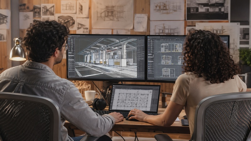 Arquitectos charlando en una competencia de arquitectura para mejorar sus dise&ntilde;os.