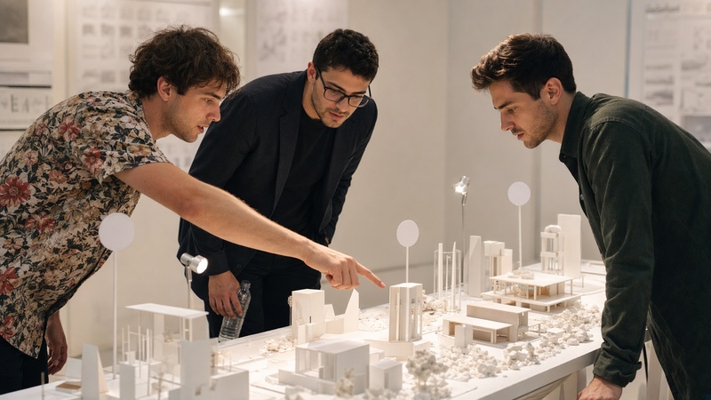 J&oacute;venes analizan maquetas en un concurso internacional de arquitectura.
