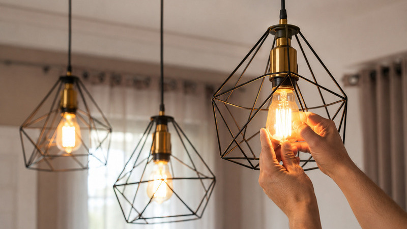 Manos de una dise&ntilde;adora de interiores cambiando la iluminaci&oacute;n de una habitaci&oacute;n en un proyecto de interiorismo.