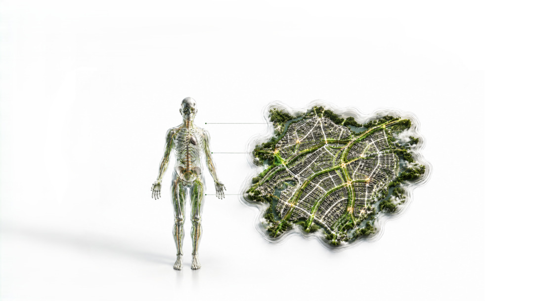 Representación gráfica de la anatomía de un cuerpo humano y su relación con el diseño de un barrio en Ecuador.
