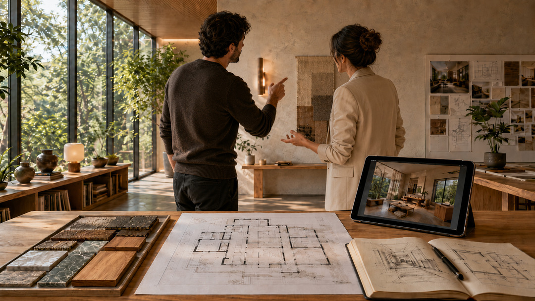 Dos diseñadores de interiores discuten un diseño de arquitectura interior.