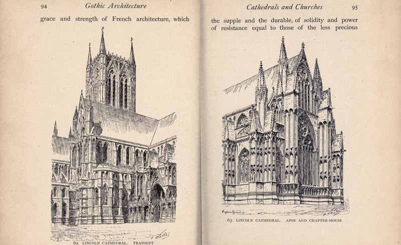 *Capturas de imagen de ilustraciones de la Catedral Lincoln en la obra "La arquitectura gótica" (1893), de Edourd Corroyer*