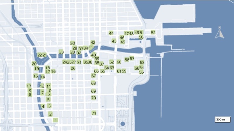 *Mapa de los rascacielos analizados en el corredor del Chicago Riverwalk y la zona de alta densidad del downtown / Anales de Investigaci&oacute;n en Arquitectura | Vol. 16 N.&ordm; 1, enero-junio 2026*