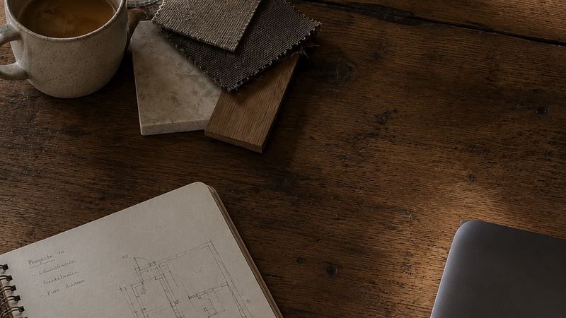 Mesa de madera con taza de caf&eacute;, vaso de agua, muestras de materiales, cuaderno con bocetos de interiorismo, lapicera y computadora port&aacute;til.