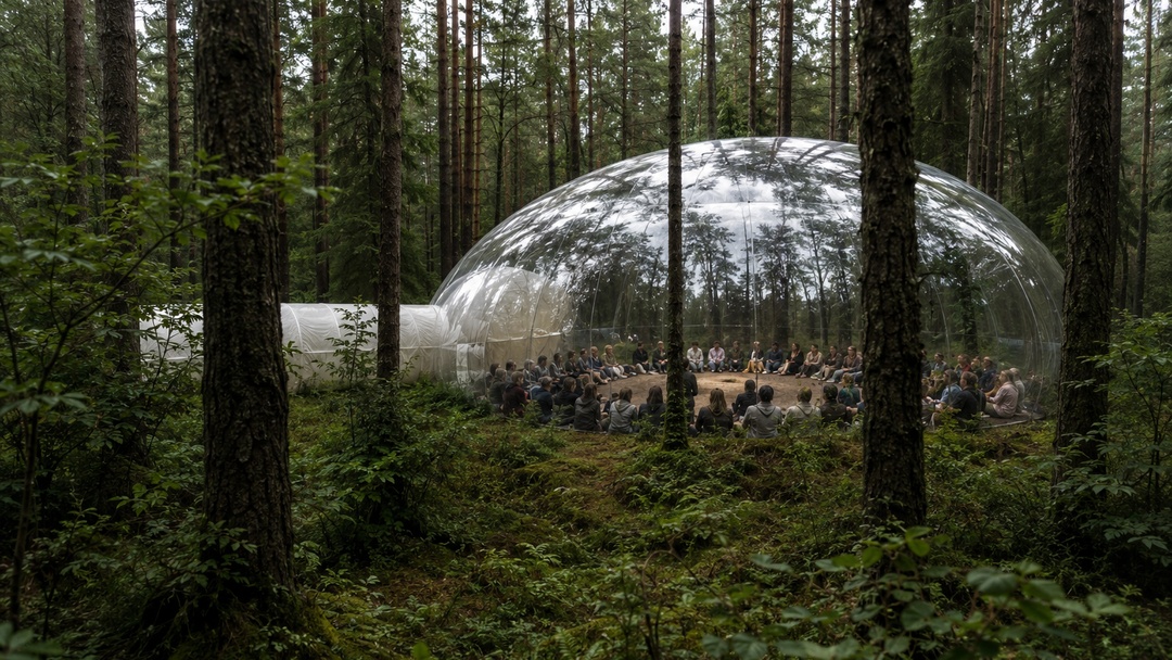C&uacute;pula transparente instalada en un bosque, con un grupo de personas reunidas en c&iacute;rculo dentro de un espacio temporal para eventos.