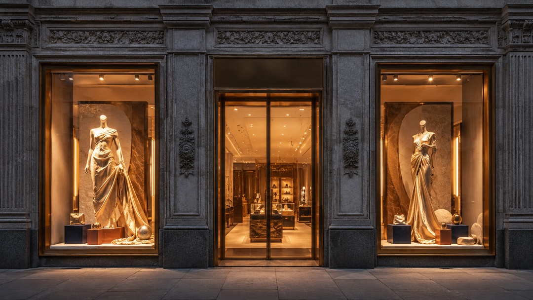 Fachada de tienda con dos escaparates iluminados, maniqu&iacute;es escult&oacute;ricos vestidos con telas doradas y entrada central vidriada.