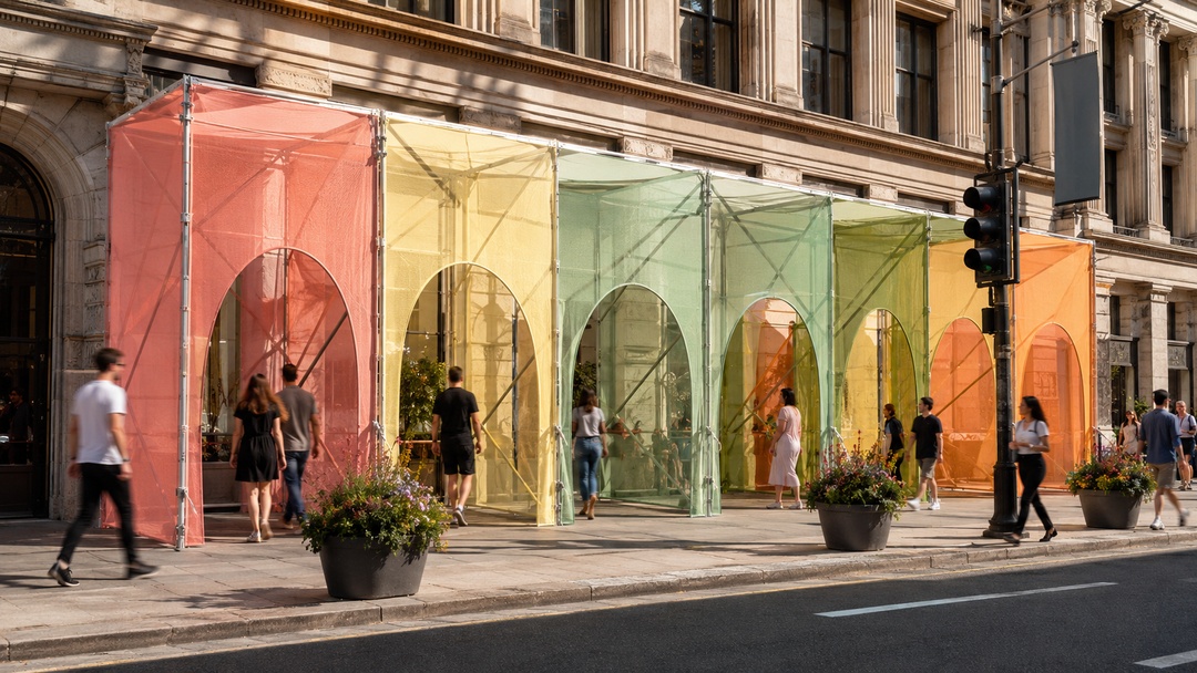 Instalaci&oacute;n temporal de arquitectura promocional con m&oacute;dulos transl&uacute;cidos de colores, arcos de acceso y personas caminando frente a una fachada hist&oacute;rica.