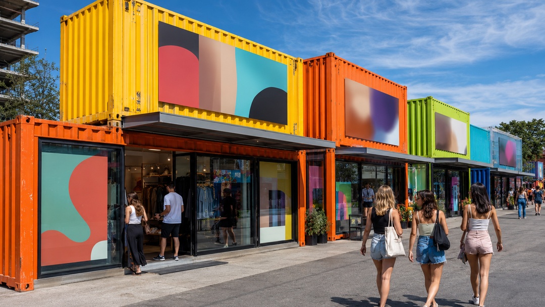 Locales pop-up construidos con contenedores de colores, con vidrieras abiertas al p&uacute;blico y personas recorriendo una zona comercial al aire libre.
