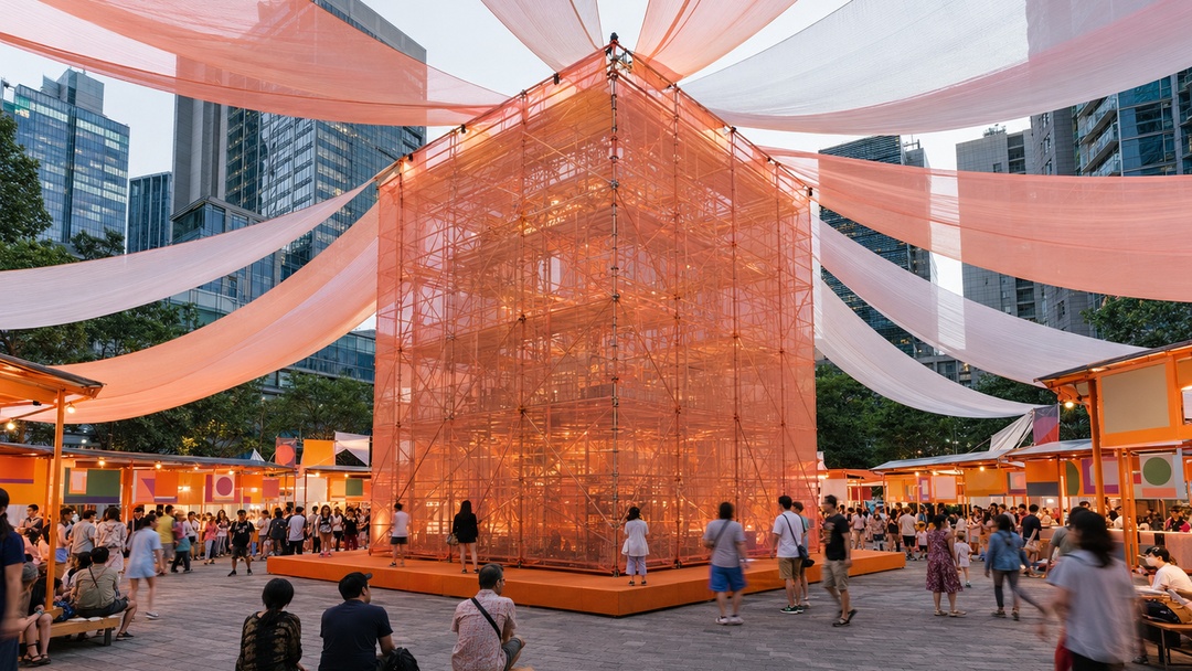 La imagen muestra una instalaci&oacute;n arquitect&oacute;nica temporal en un espacio urbano abierto. En el centro aparece una gran estructura c&uacute;bica transl&uacute;cida de color naranja, construida con una trama visible de andamios o elementos modulares. Sobre la plaza se extienden grandes telas livianas en tonos rosados y anaranjados, suspendidas entre edificios altos. Alrededor de la instalaci&oacute;n hay numerosas personas caminando, observando y participando del evento, junto a puestos iluminados que refuerzan el car&aacute;cter p&uacute;blico, escenogr&aacute;fico y experiencial del espacio.