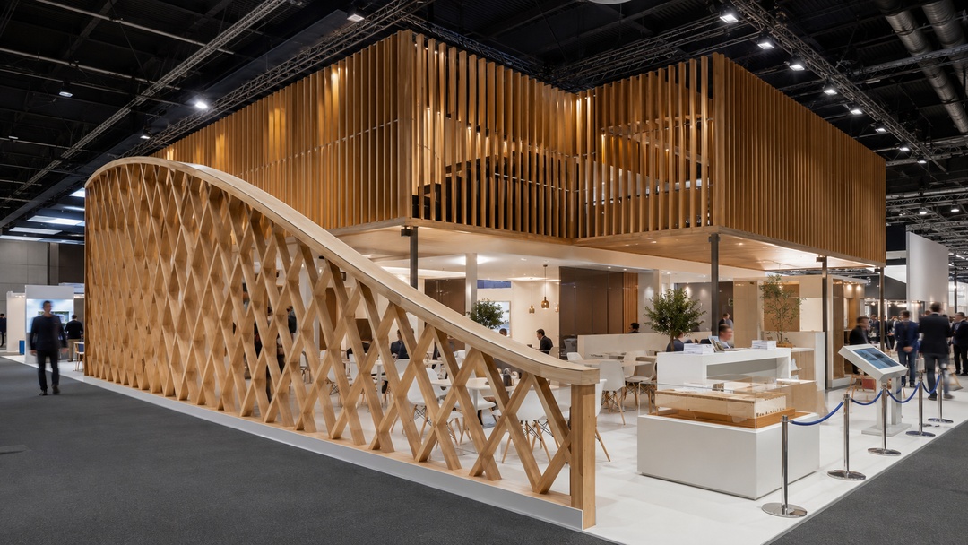 Stand expositivo de madera en dos niveles, con celos&iacute;as verticales, estructura curva entramada y &aacute;reas interiores de atenci&oacute;n en una feria.