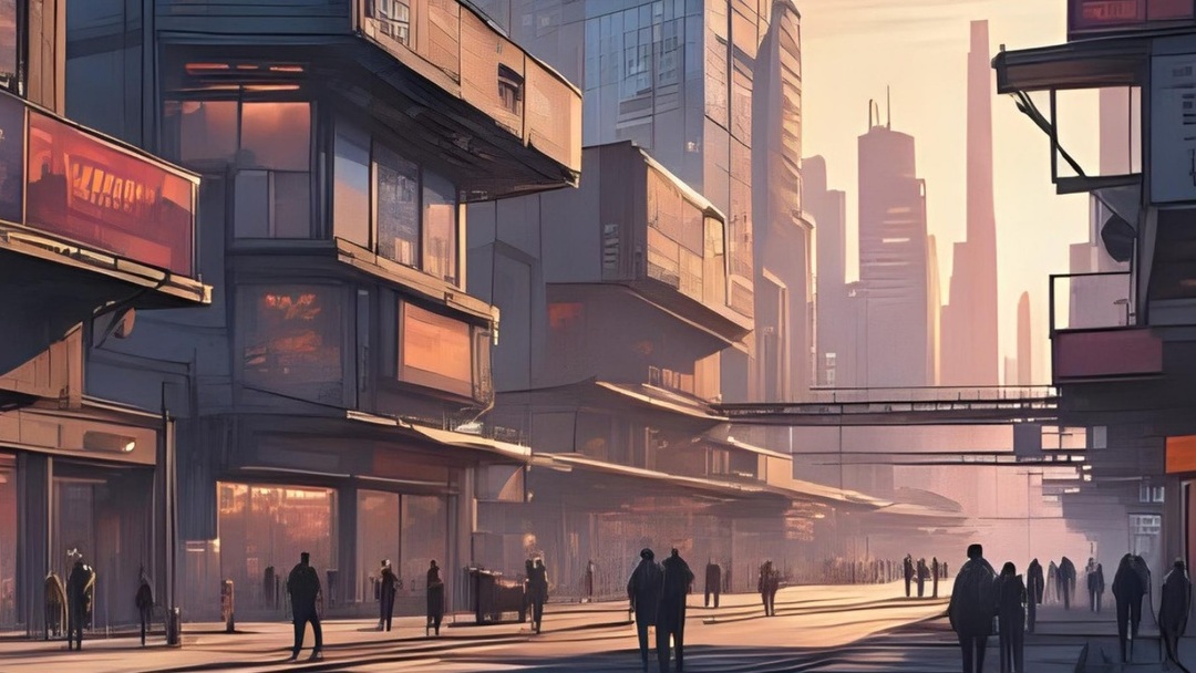 Ilustración de arquitectura visionaria con ciudad futurista al atardecer, edificios altos, pasarelas elevadas y personas caminando por una calle amplia.