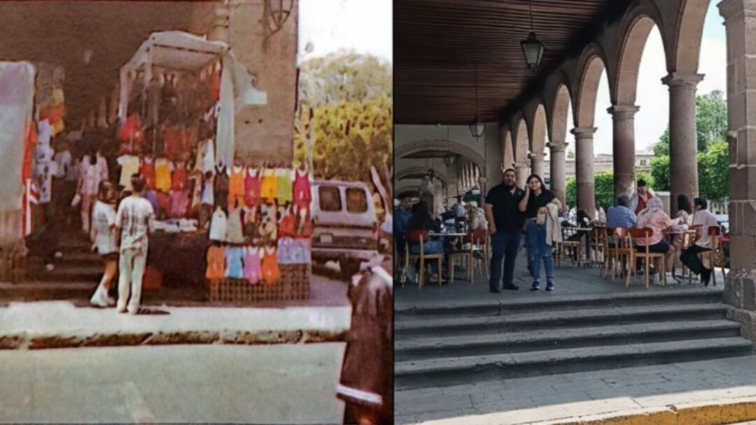 Imagen comparativa de un espacio público con soportales: a la izquierda, una escena antigua con comercio callejero; a la derecha, una vista actual con mesas, personas y actividad gastronómica.