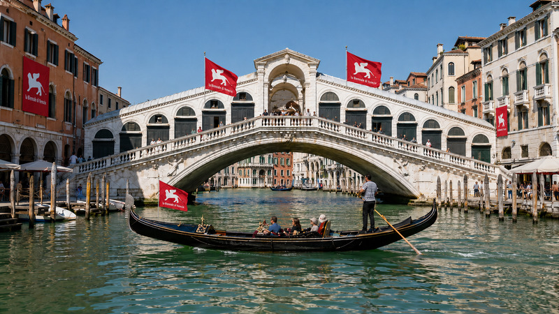 Canales de Venecia, en Italia, con gondolero y banderas de la Bienal de Arquitectura de Venecia.