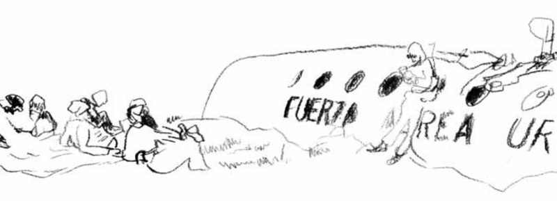 Ilustraci&oacute;n de sobrevivientes uruguayos de la tragedia de Los Andes en REBOOT, dos lecciones de arquitectura, proyecto de Uruguay en la Bienal de Arquitectura de Venecia de 2016.