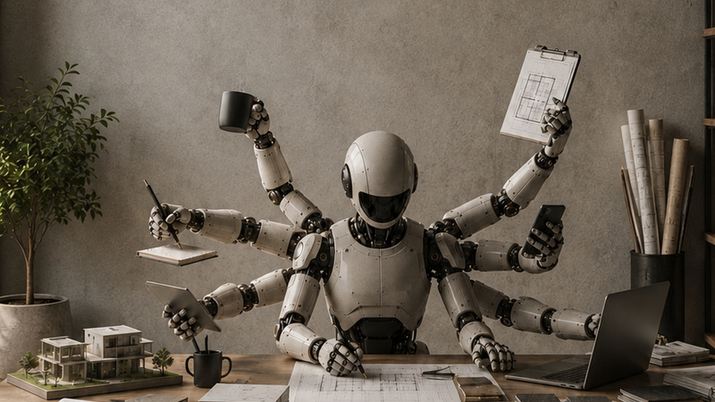 Robot con inteligencia artificial trabajando en un estudio de arquitectura.
