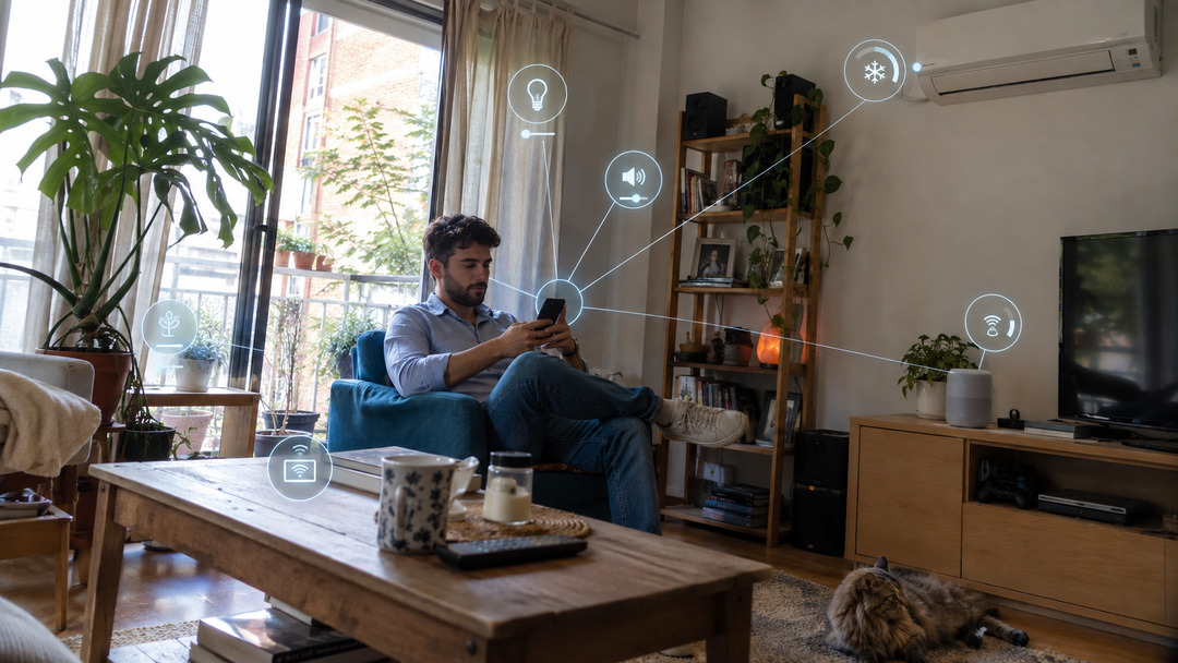 Joven Zillennial utilizando tecnología en una smart home