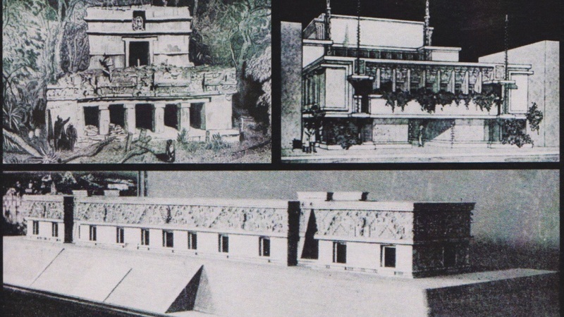 *Referencias a Tulum y Uxmal junto con proyectos y maquetas de Frank Lloyd Wright. La investigaci&oacute;n utiliza estas relaciones visuales para rastrear la presencia del universo maya en sus exploraciones arquitect&oacute;nicas*