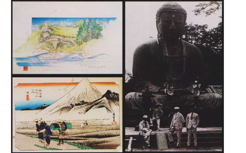 *Dibujo de Frank Lloyd Wright, estampa de Utagawa Hiroshige y fotograf&iacute;a de Wright frente al Gran Buda. El conjunto forma parte de las evidencias utilizadas por la investigaci&oacute;n para reconstruir la heterotop&iacute;a cultural japonesa*
