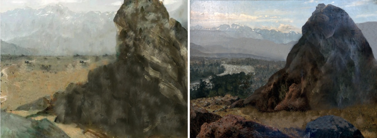 *Reconstrucción digital del paisaje de fondo de las dos versiones de La Fundación de Santiago, sin personajes, elaborada por los autores a partir de las pinturas originales*